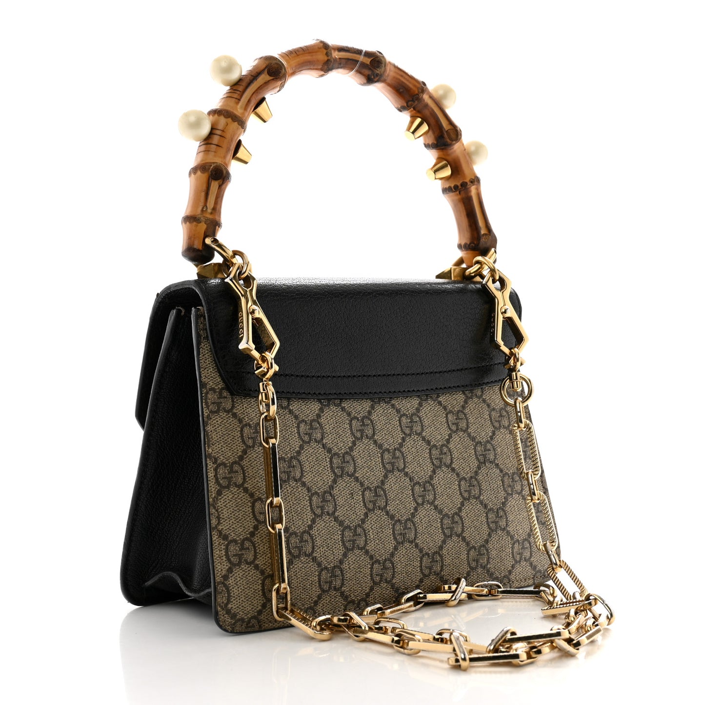 GG Supreme Monogram Goatskin Pearl Mini Fox Broche Bamboo Top Handle Bag Beige Ebony Black Hibiscus Red Mystic White