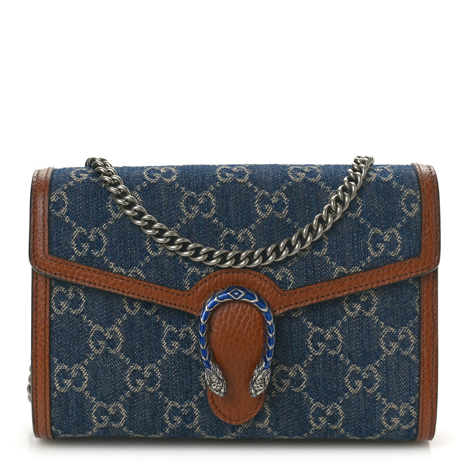 Gucci New Denim GG Monogram Dollar Calfskin Enamel Mini Dionysus Chain Wallet Blue Tea Cuir Epilog Electric Blue 1 of 10
