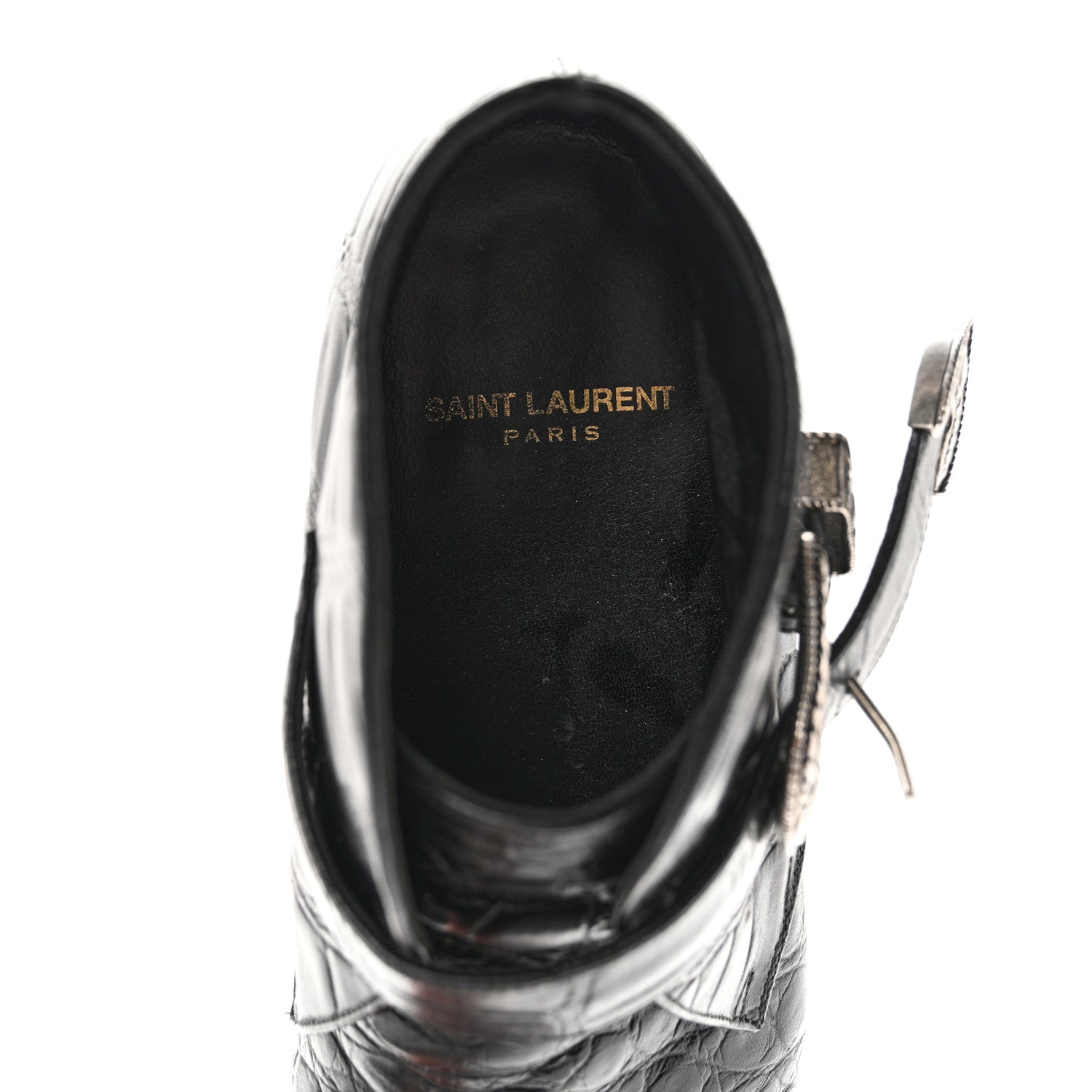 Saint Laurent Calfskin Crocodile Embossed Womens Dixon Buckle Ankle Boots 37.5 Black 7 of 15