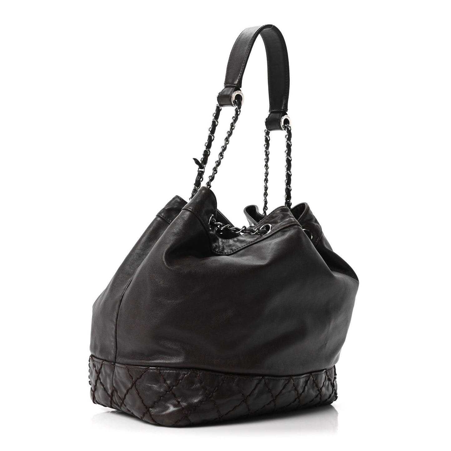 Calfskin Drawstring CC Bucket Bag Dark Brown