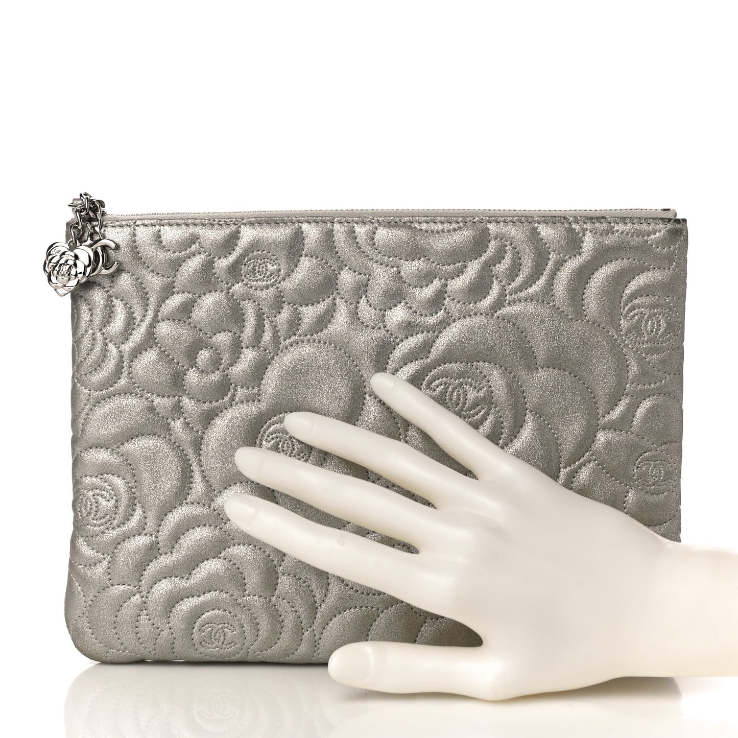 Goatskin Camellia Stitched Medium Cosmetic Case Silver