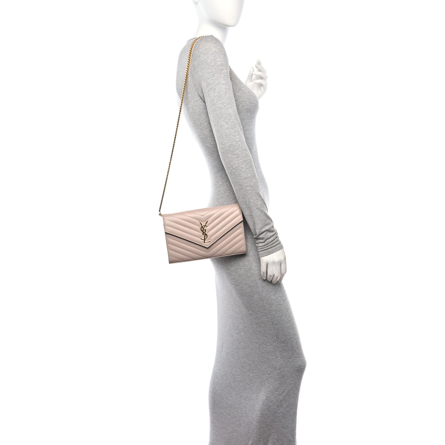 Saint Laurent Grain De Poudre Matelasse Chevron Cassandre Envelope Chain Wallet Dark Beige 2 of 15