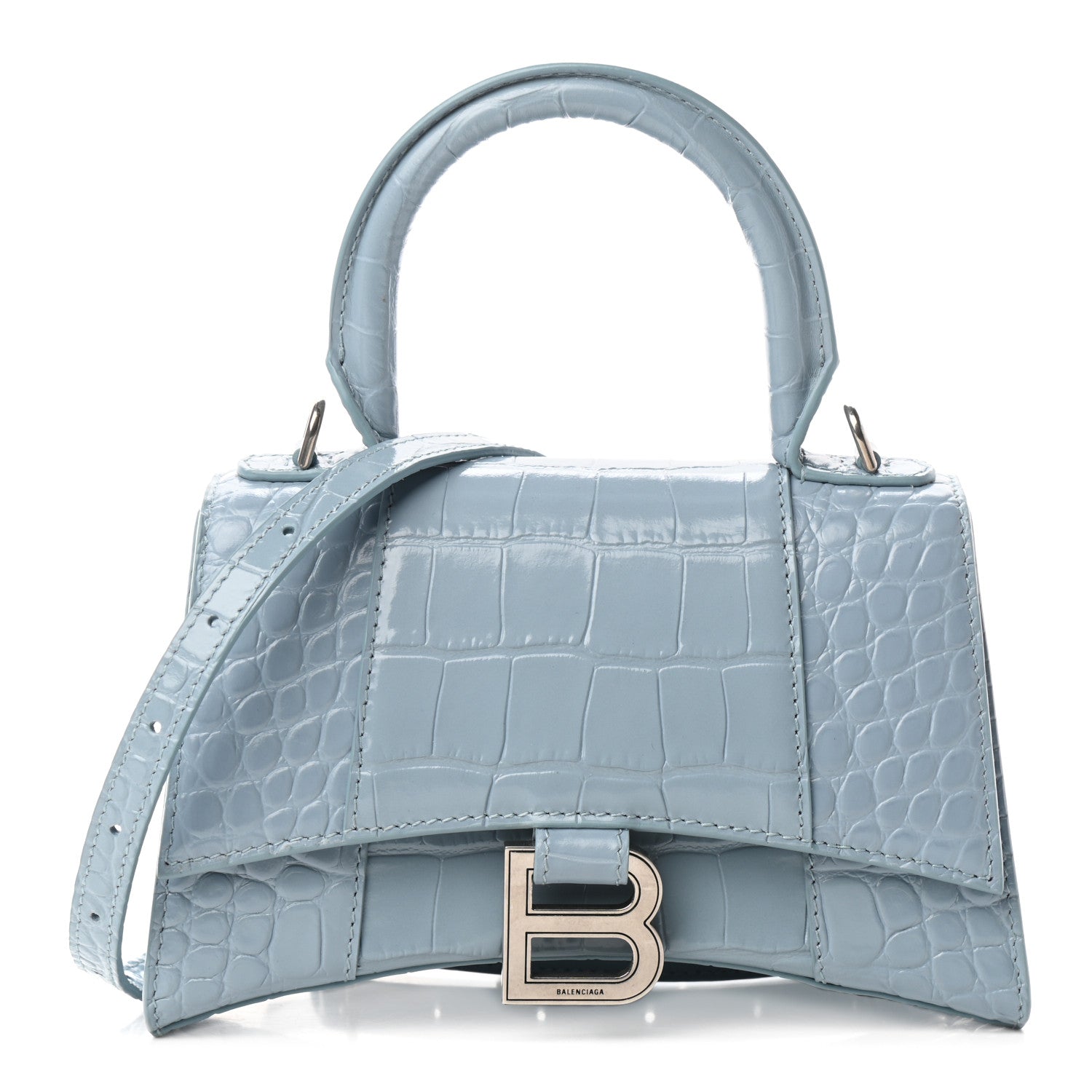 Balenciaga Shiny Calfskin Crocodile Embossed Hourglass Top Handle Bag XS Blue 1 of 9