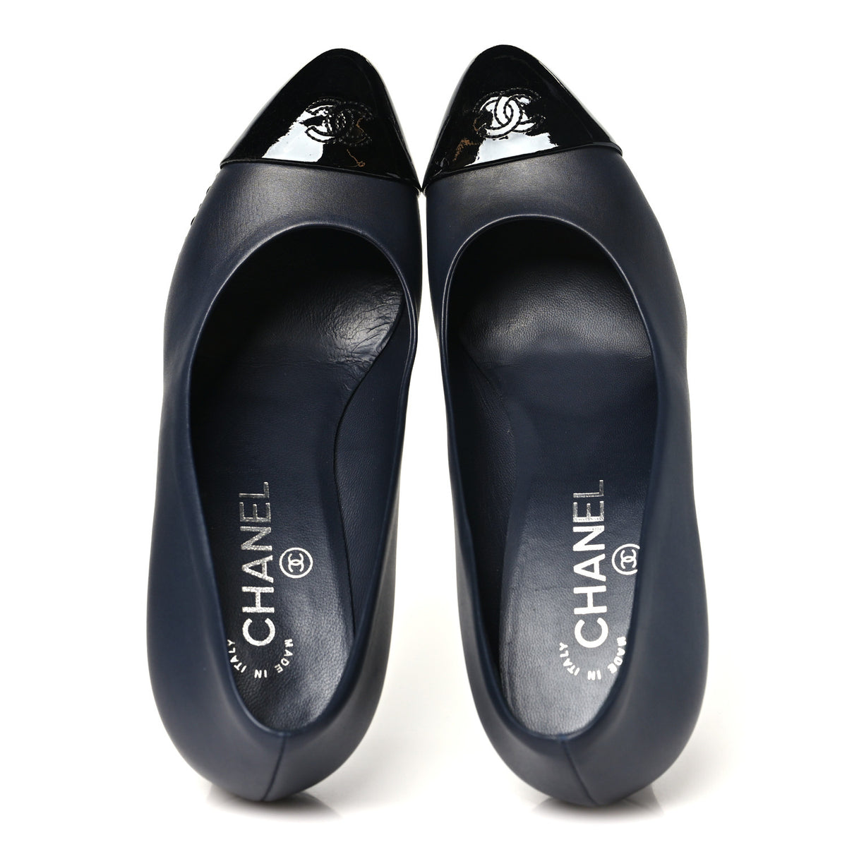 Chanel Calfskin Patent CC Cap Toe Platform Chain Pumps 38.5 Navy Black 2 of 9