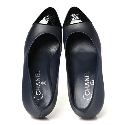 Chanel Calfskin Patent CC Cap Toe Platform Chain Pumps 38.5 Navy Black 2 of 9