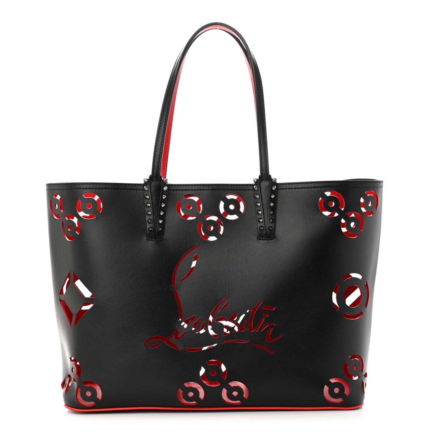 Calfskin Loubinthesky Perforated Cabarock Spikes Tote Black