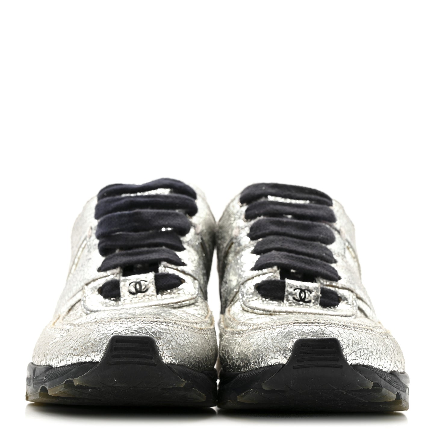 Metallic Crackled Calfskin CC Sneakers 36 Silver Black Navy
