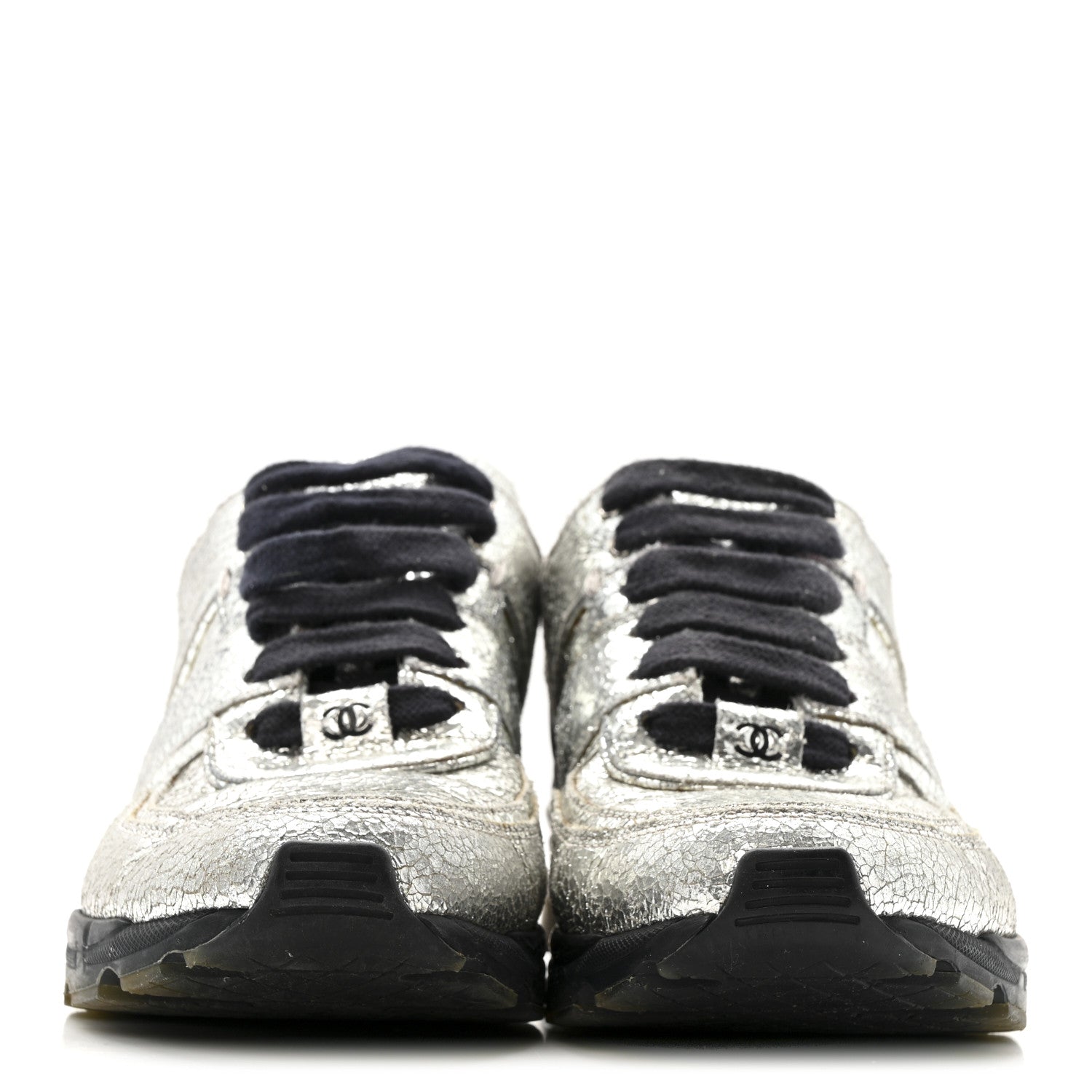 Chanel Metallic Crackled Calfskin CC Sneakers 36 Silver Black Navy 3 of 14