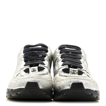 Chanel Metallic Crackled Calfskin CC Sneakers 36 Silver Black Navy 3 of 14
