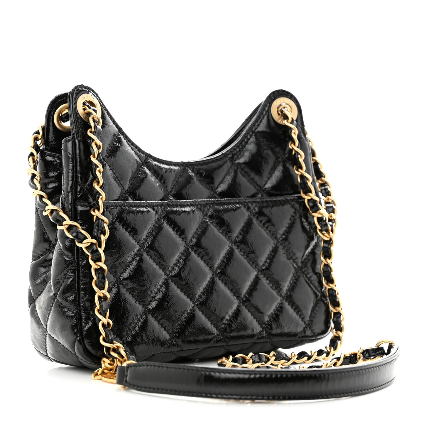 Shiny Crumpled Calfskin Quilted Small Wavy CC Hobo Black
