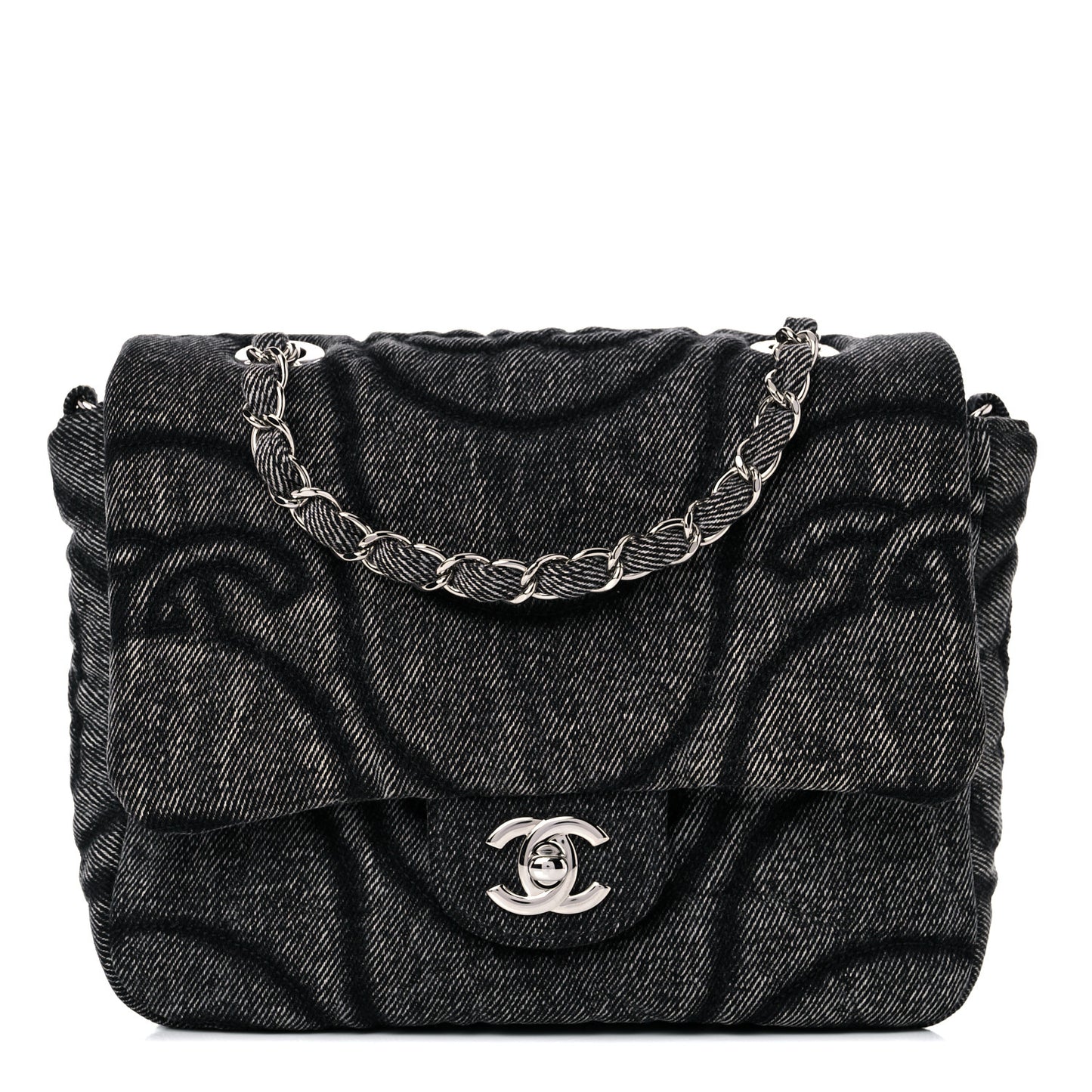 Denim Embossed CC Logo Print Mini Single Flap Black