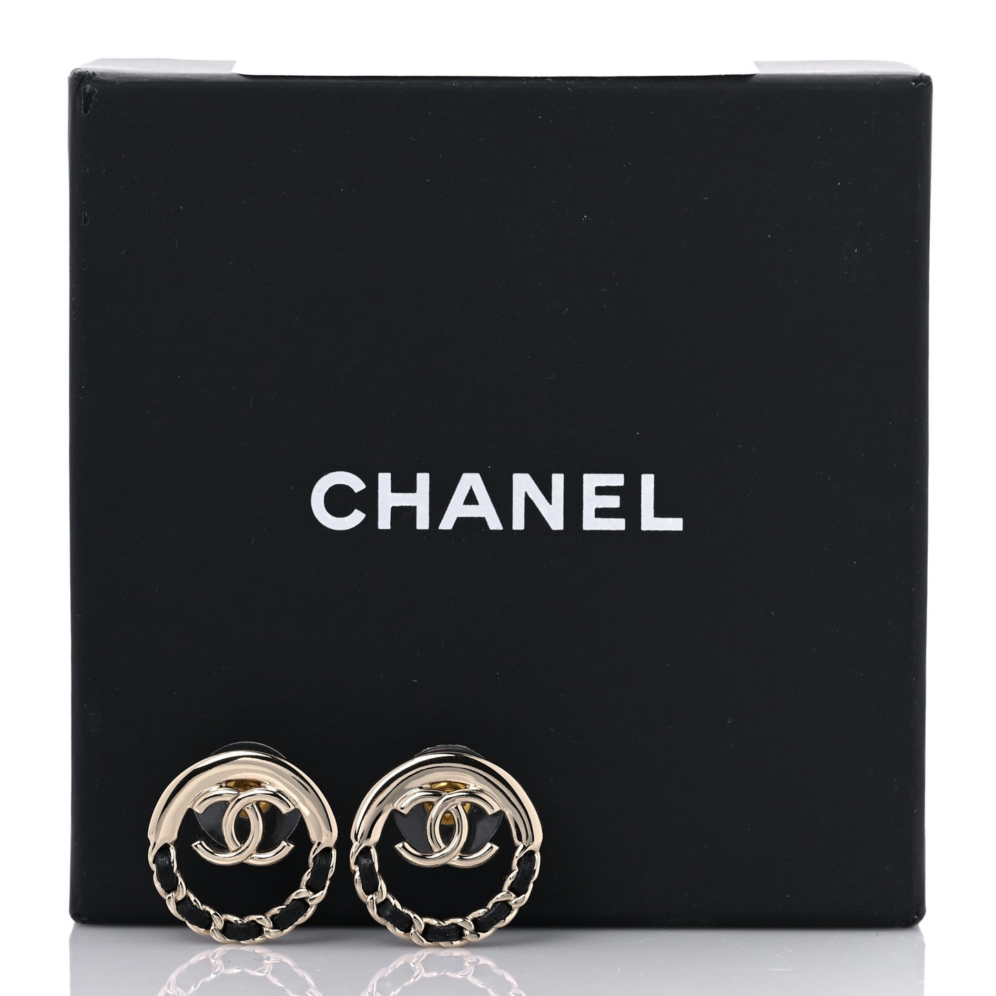 Lambskin Chain CC Round Earrings Gold Black