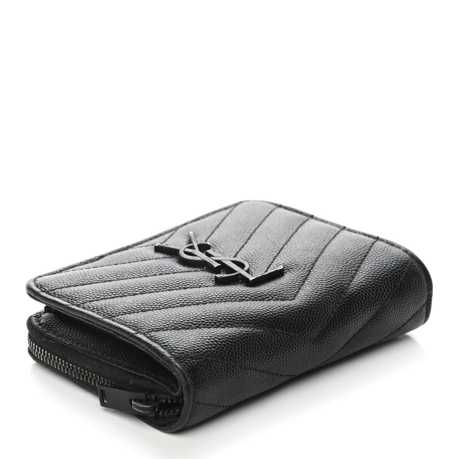 Saint Laurent Grain De Poudre Matelasse Chevron Monogram Monochrome Compact Zip Around Wallet Black 4 of 11