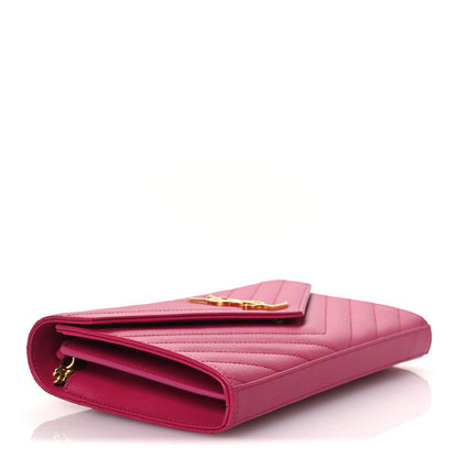 Saint Laurent Grain De Poudre Matelasse Chevron Monogram Chain Wallet Lipstick Fuchsia 4 of 11