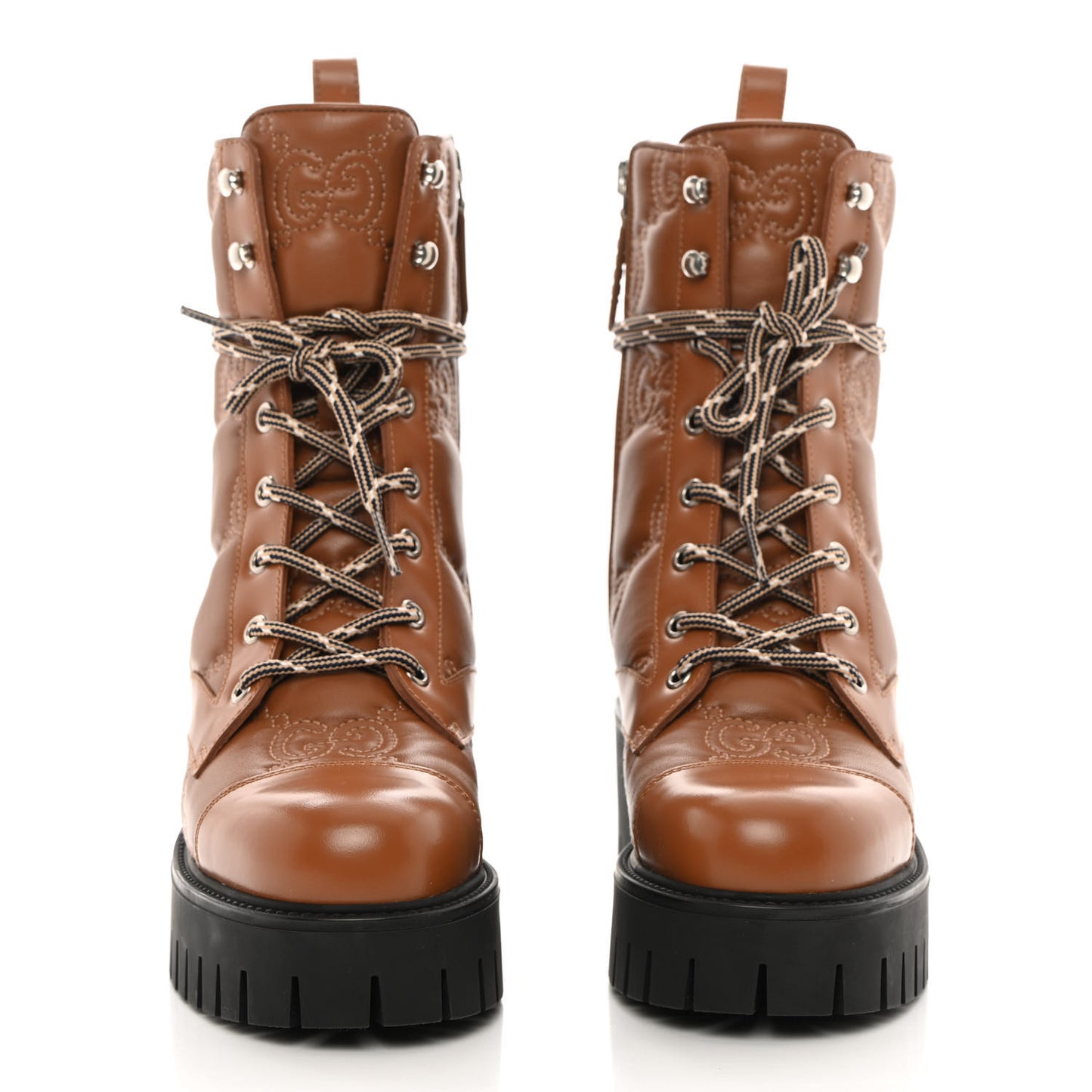Cordovan Lux Nappa GG Matelasse Lace Up 60mm Combat Boots 37 Dark Hazel Brown