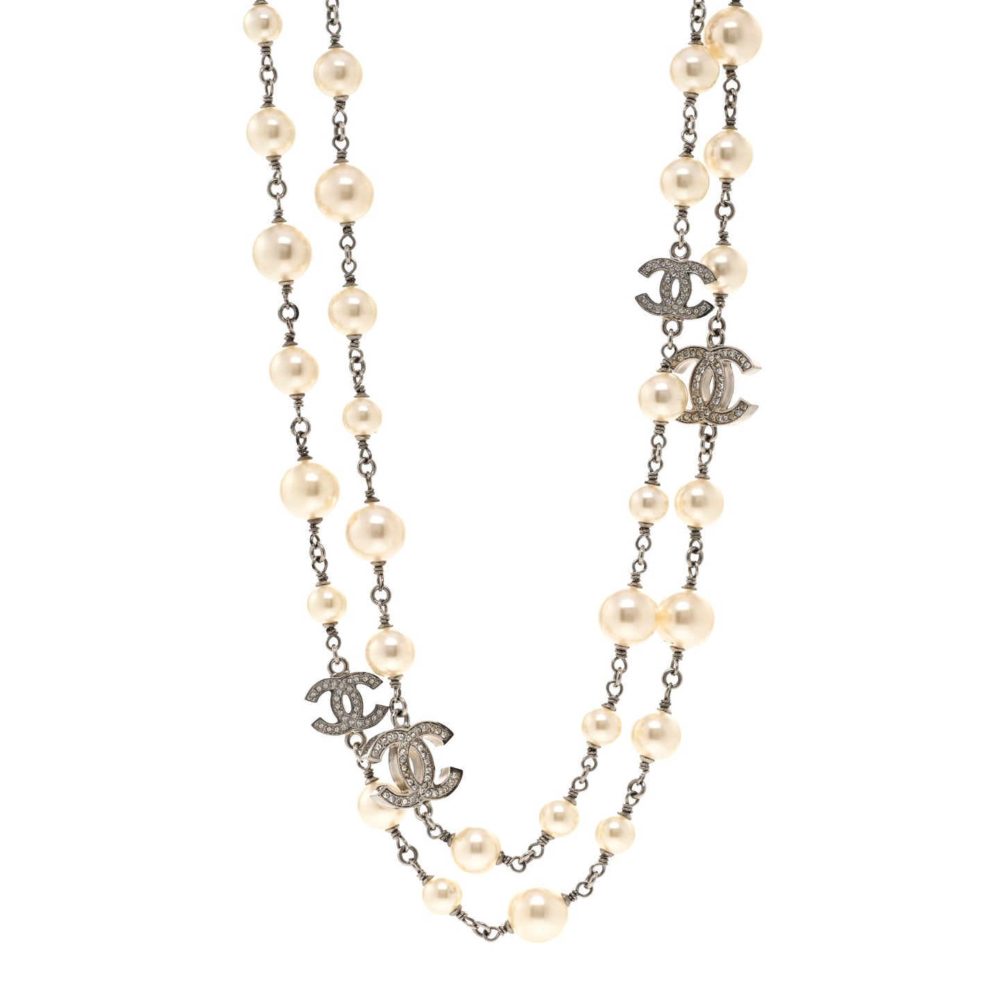 Crystal Pearl CC Long Necklace Silver