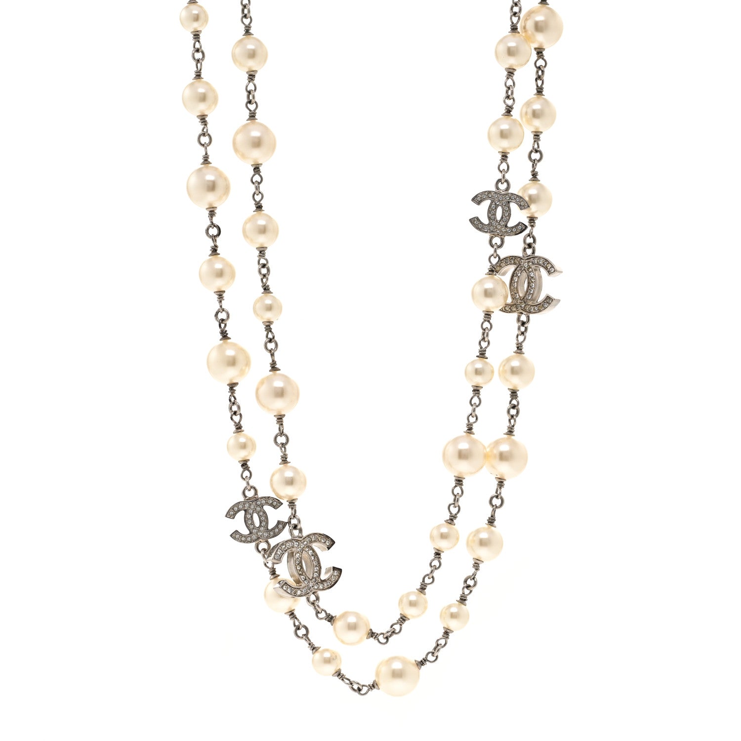 Chanel Crystal Pearl CC Long Necklace Silver 1 of 6
