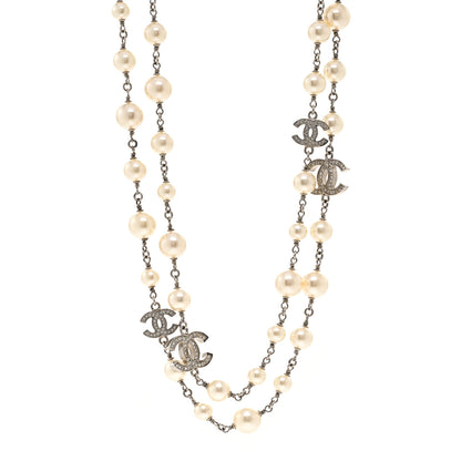Chanel Crystal Pearl CC Long Necklace Silver 1 of 6