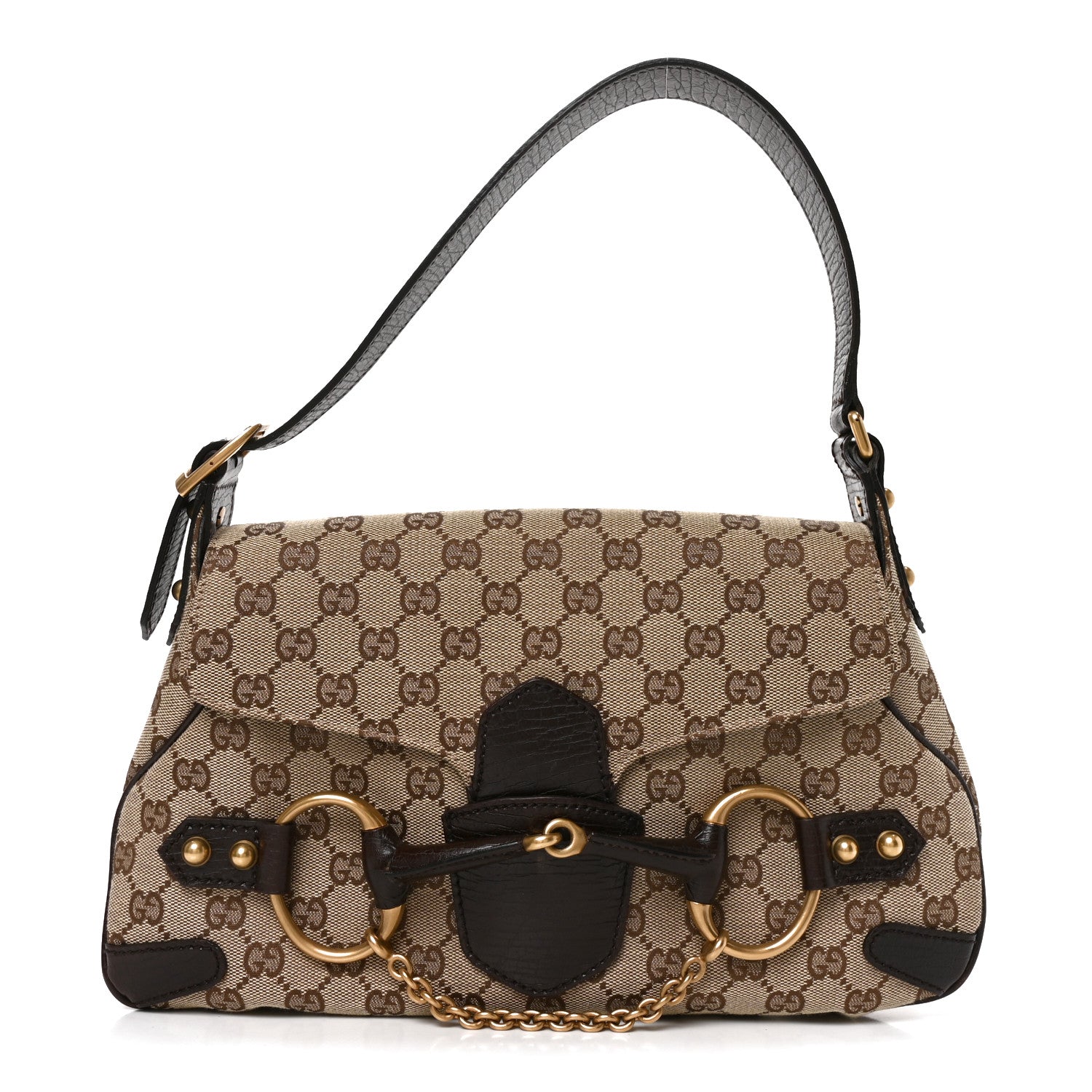 Gucci Monogram Horsebit Chain Flap Shoulder Bag Brown 1 of 9