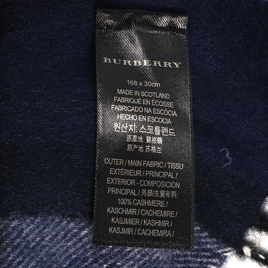 Cashmere Peony Flower Embroidered Classic Check Fringe Scarf Dark Grey Blue