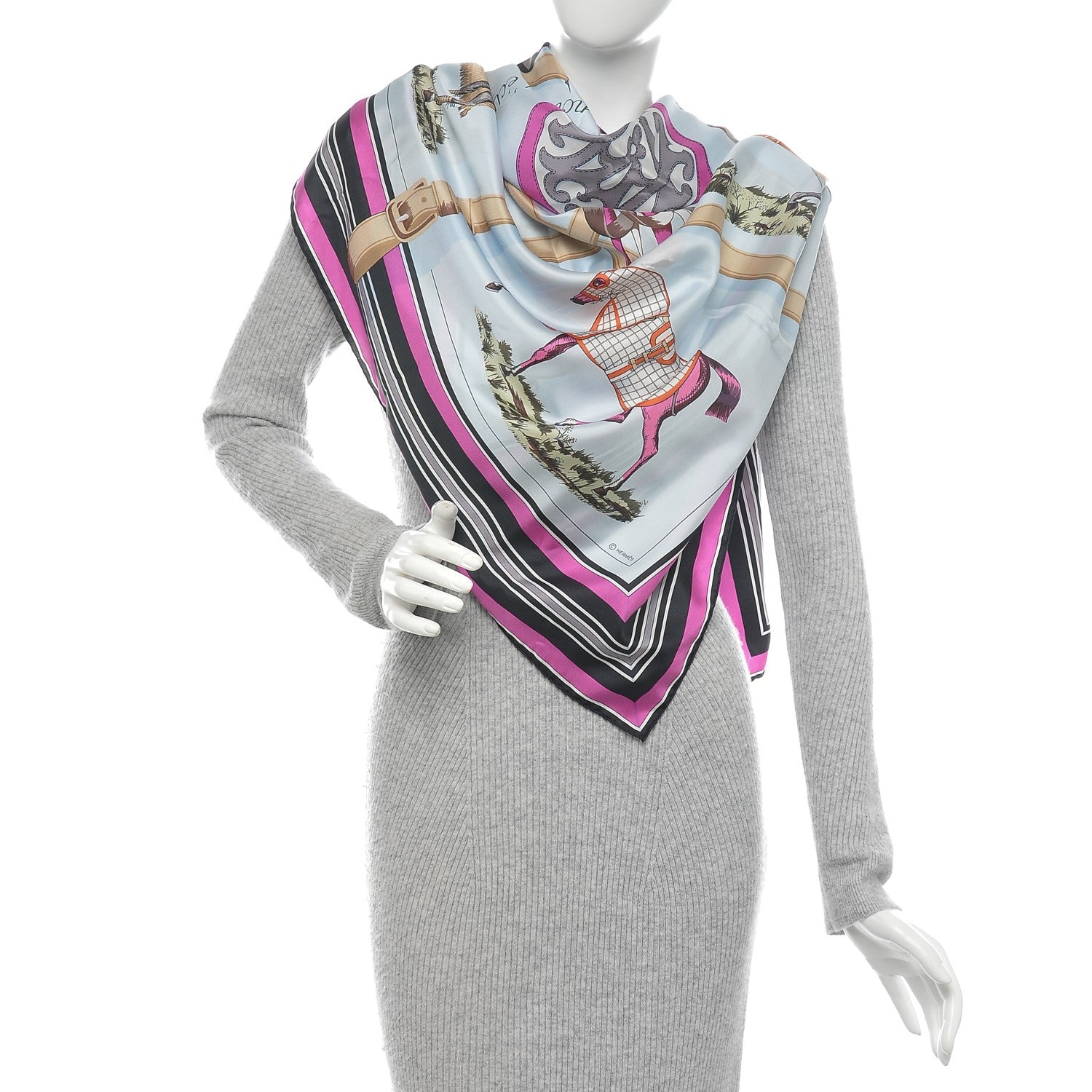 Hermes Silk Couvertures Et Tenues de Jour Scarf 140 Gris Perle Fuchsia Black 2 of 14