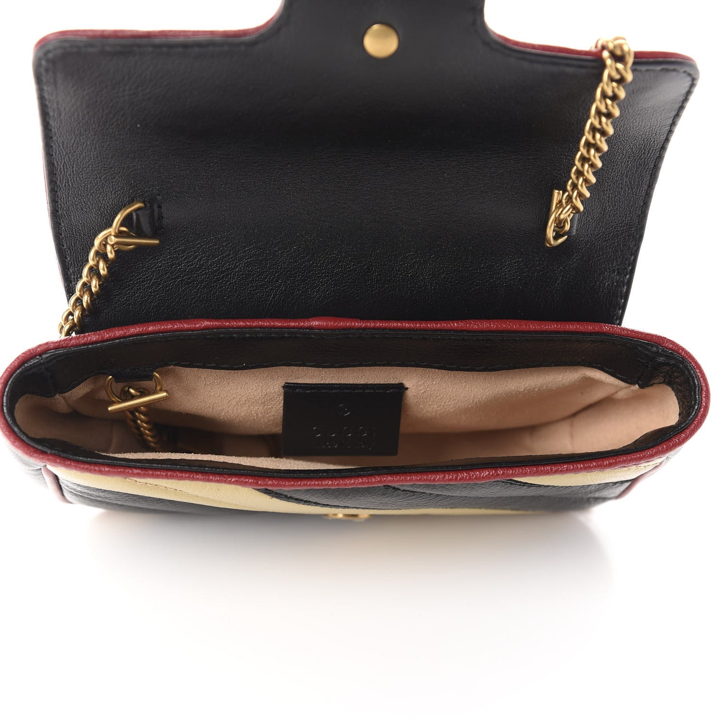 Vintage Effect Calfskin Matelasse Diagonal Striped Super Mini Torchon GG Marmont Shoulder Bag Black Beige