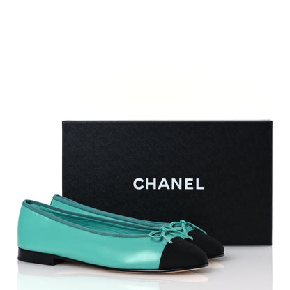 Chanel Calfskin Grosgrain Cap Toe CC Ballerina Flats 38 Turquoise Black 13 of 13