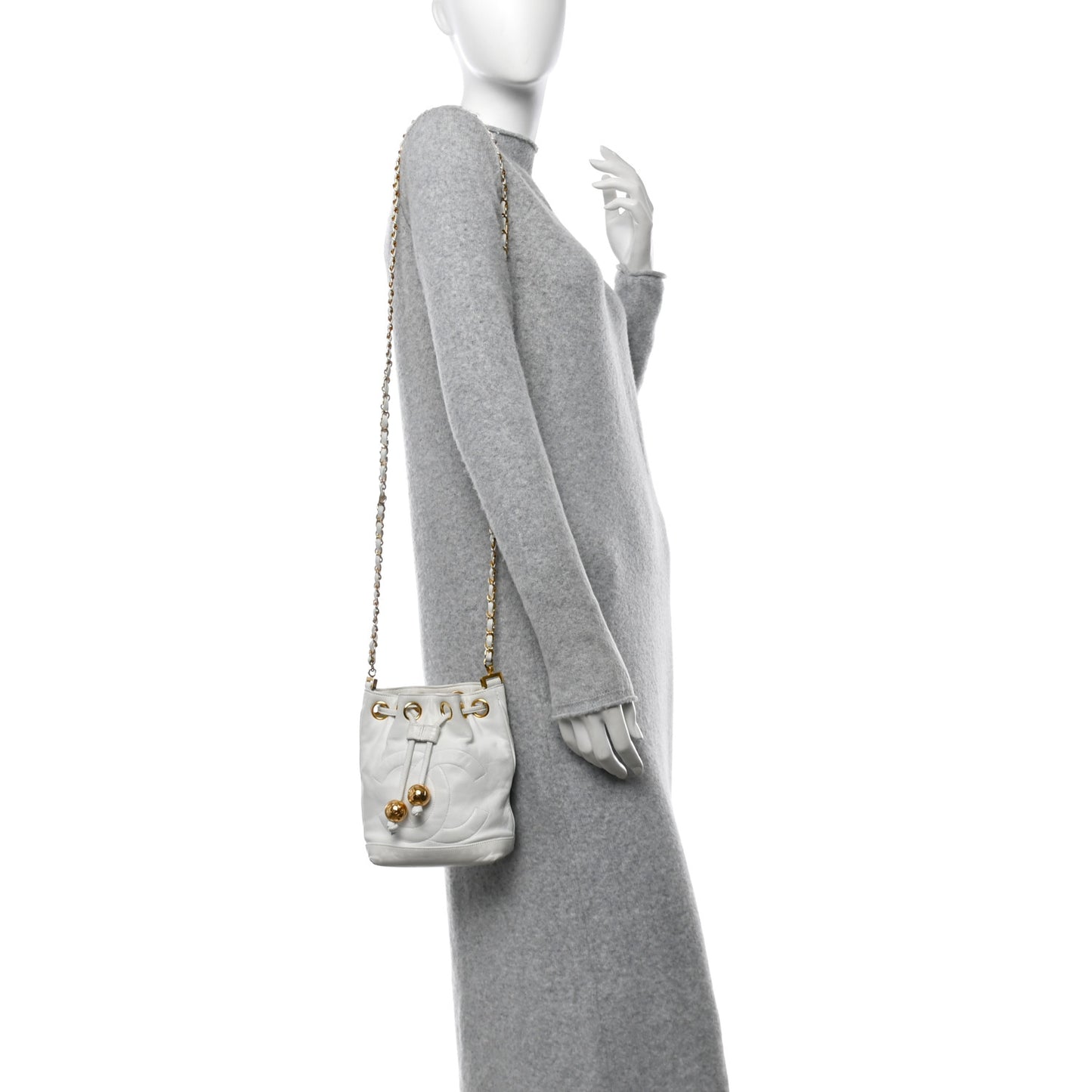 Lambskin CC Drawstring Bucket Bag White