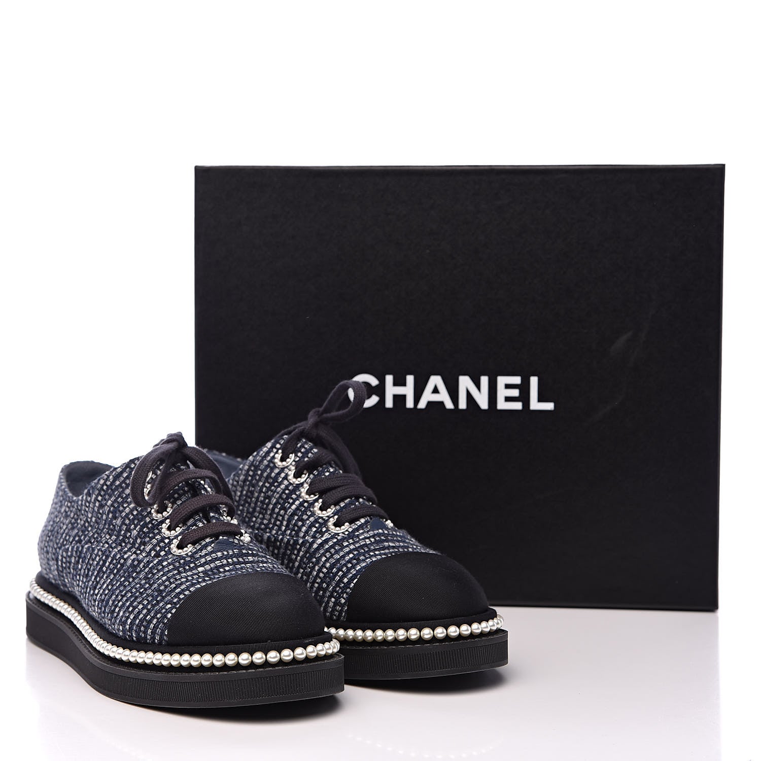 Chanel Tweed Grosgrain Pearl Lace Up Sneakers 38 Navy Black 9 of 9