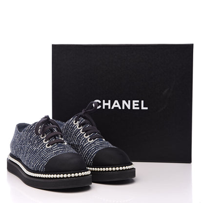 Chanel Tweed Grosgrain Pearl Lace Up Sneakers 38 Navy Black 9 of 9