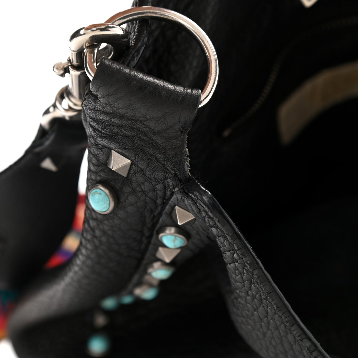 Pebbled Calfskin Tribal Small Guitar Strap Rockstud Rolling Flip-Lock Messenger Bag Black