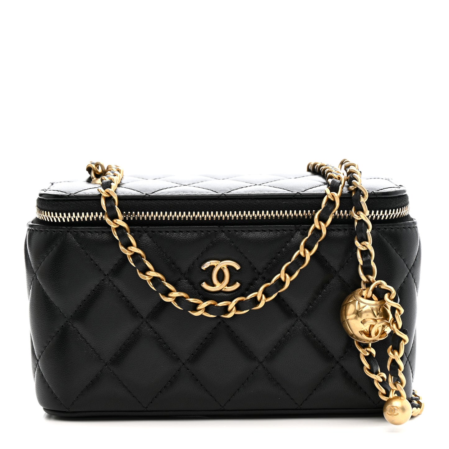 Lambskin Quilted Pearl Crush Small Vanity Case With Chain Black