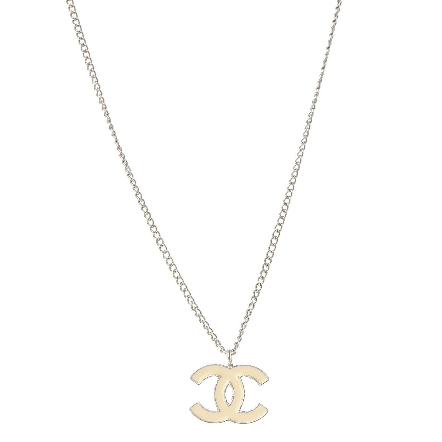 Chanel Enamel CC Necklace Silver White 1 of 6