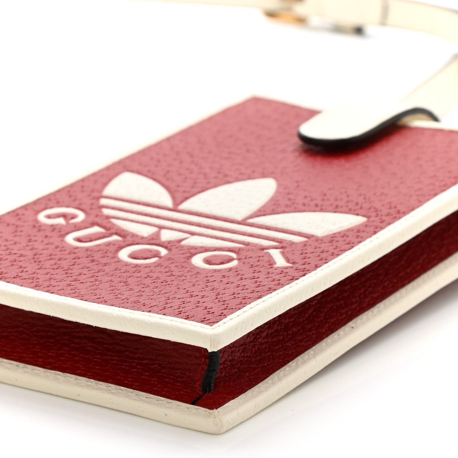 Gucci X ADIDAS Textured Dollar Calfskin Trefoil Embossed Phone Crossbody Bag Hibiscus Red Off White 10 of 12