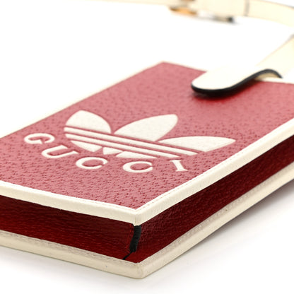 Gucci X ADIDAS Textured Dollar Calfskin Trefoil Embossed Phone Crossbody Bag Hibiscus Red Off White 10 of 12