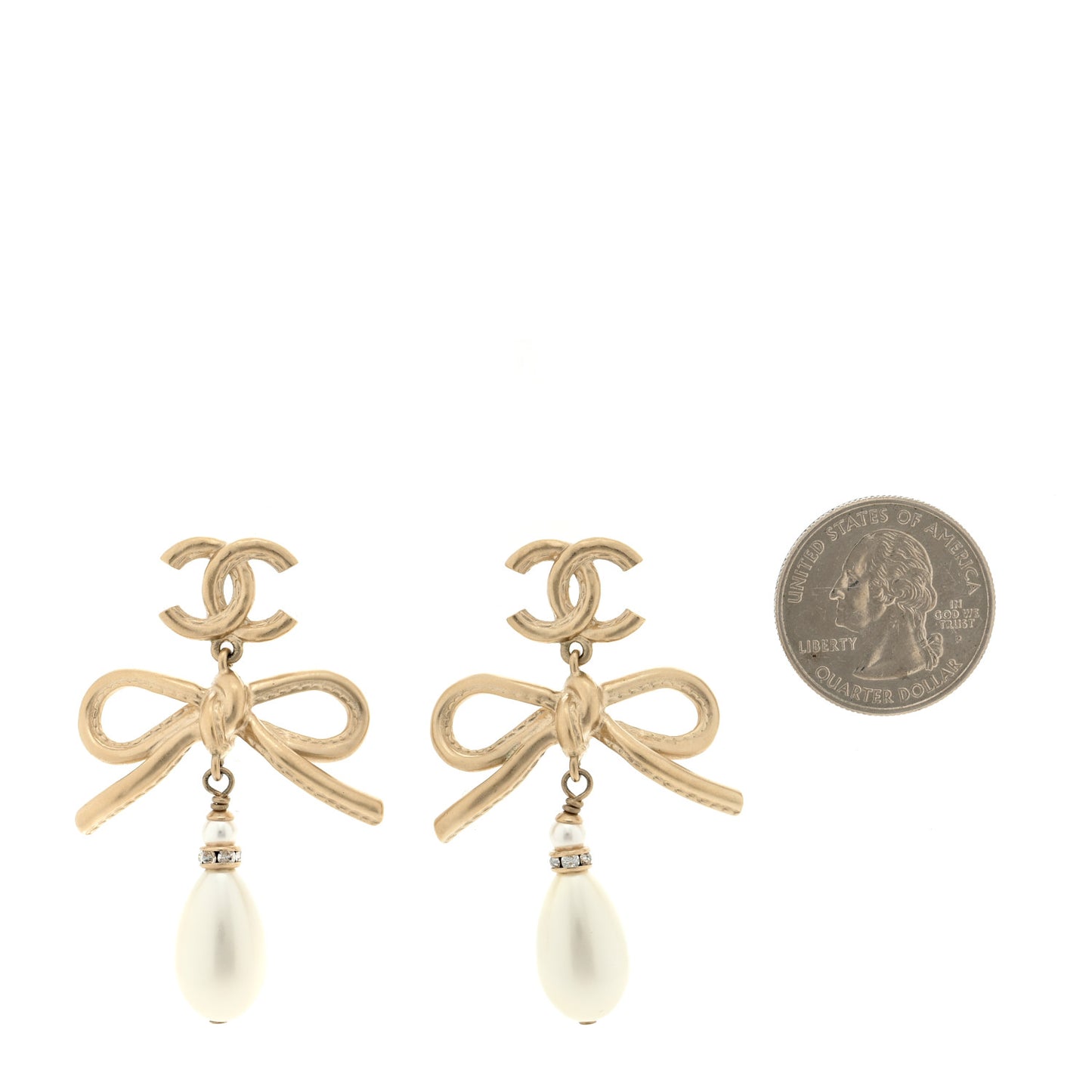 Pearl Crystal CC Bow Drop Earrings Gold Pearly White