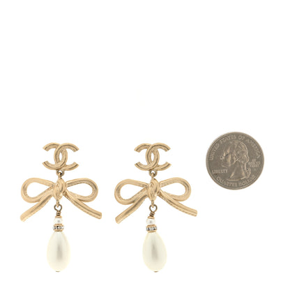 Chanel Pearl Crystal CC Bow Drop Earrings Gold Pearly White 2 of 4