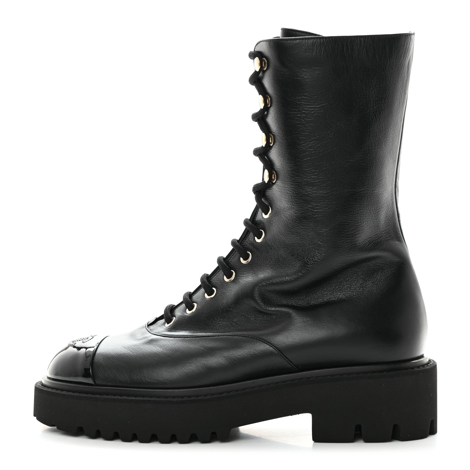 Chanel Crumpled Calfskin Patent Cap Toe Lace Up Combat Boots 41 Black 1 of 9