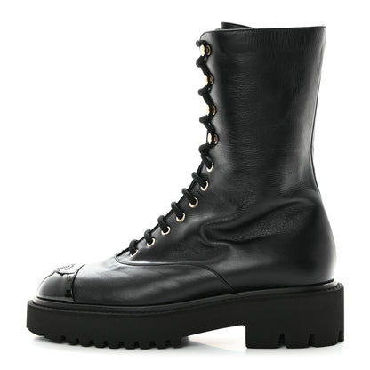 Chanel Crumpled Calfskin Patent Cap Toe Lace Up Combat Boots 41 Black 1 of 9