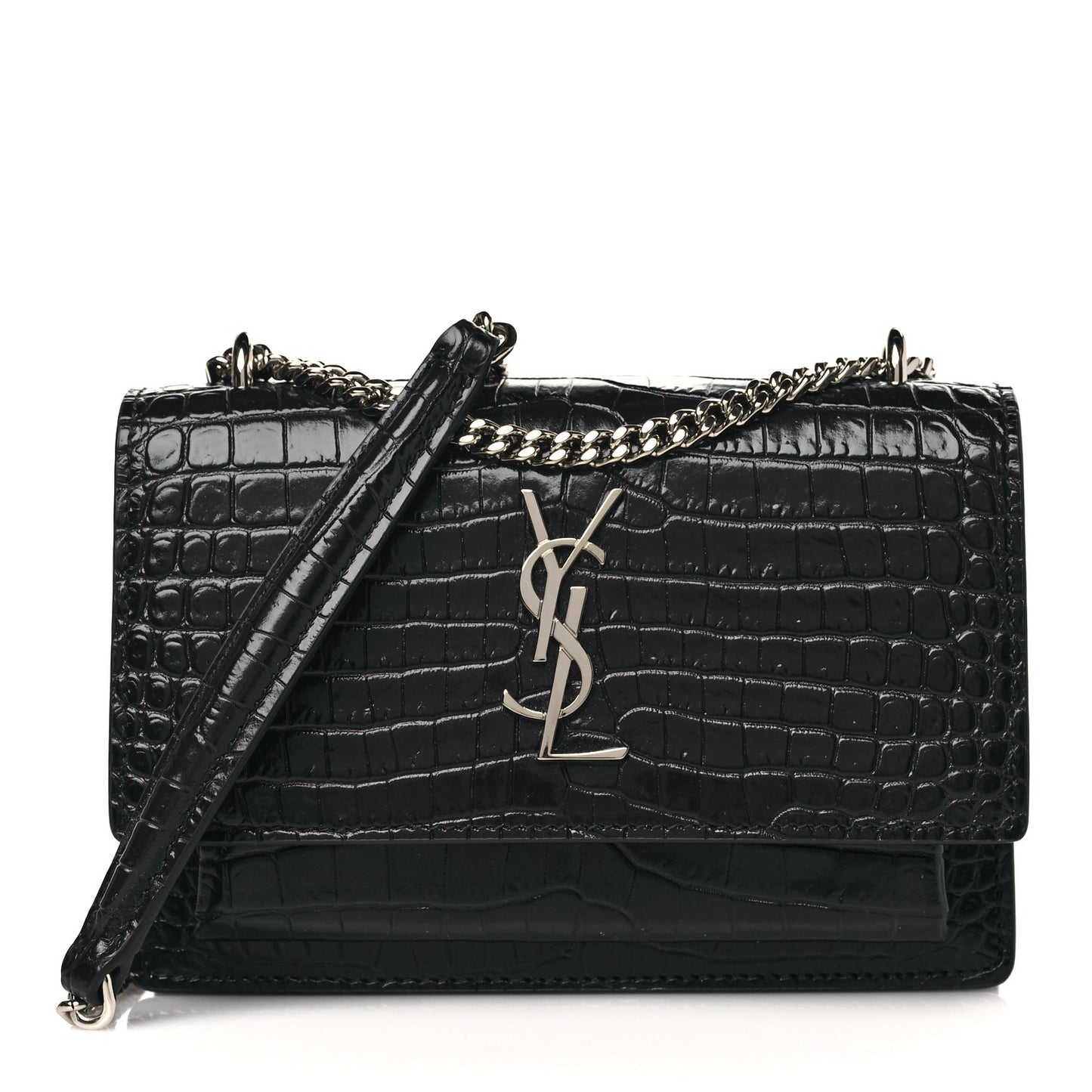 Calfskin Crocodile Embossed Monogram Sunset Chain Wallet Navy