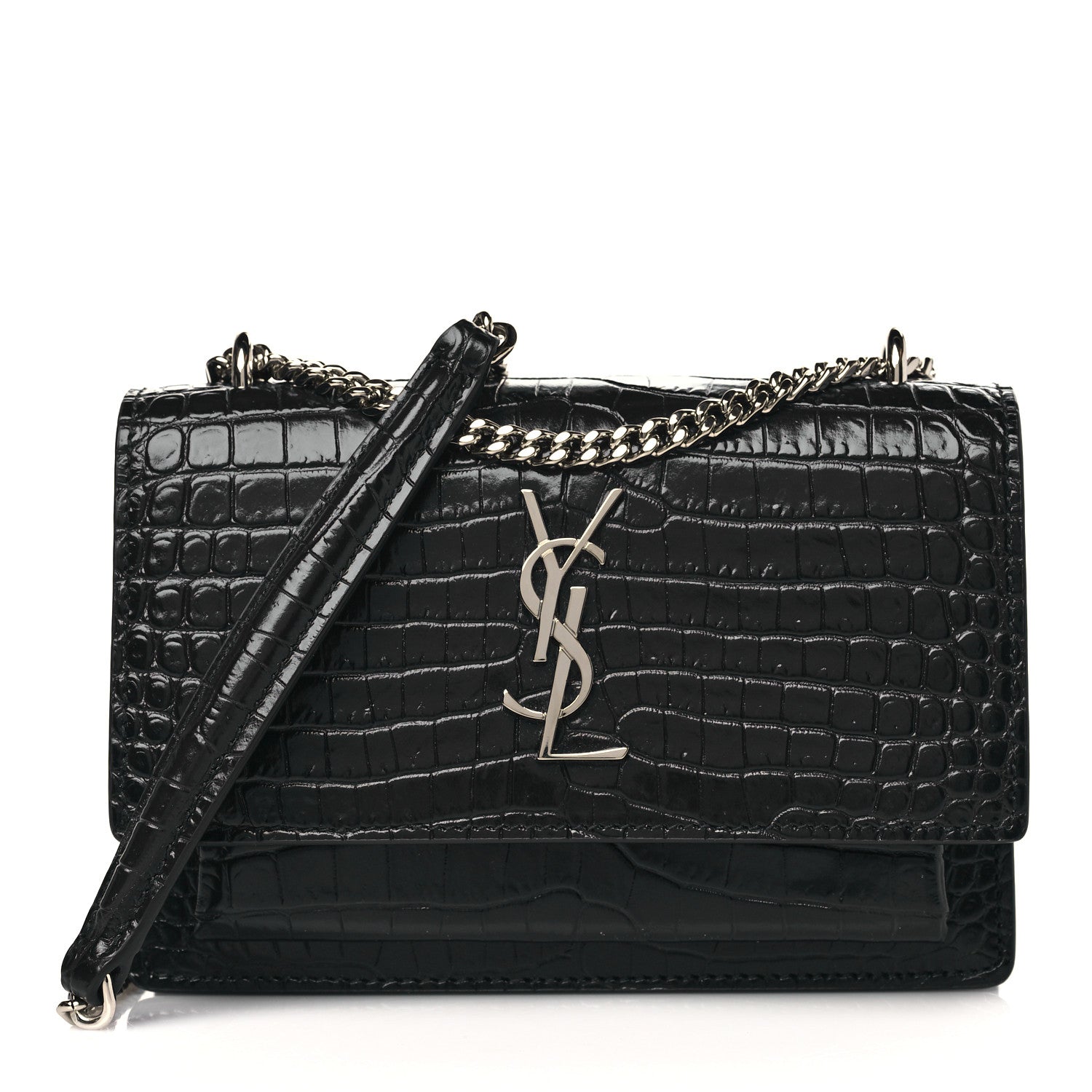 Saint Laurent Calfskin Crocodile Embossed Monogram Sunset Chain Wallet Navy 1 of 8