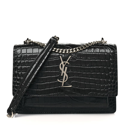 Saint Laurent Calfskin Crocodile Embossed Monogram Sunset Chain Wallet Navy 1 of 8