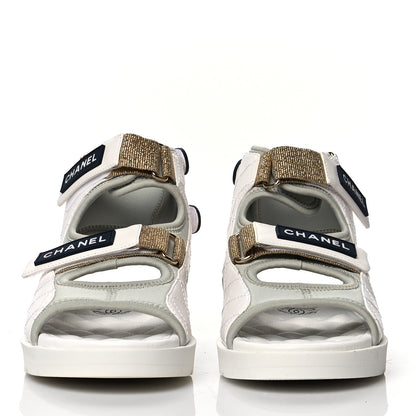 Chanel Goatskin Fabric Gladiator Sandals 38 White Light Grey Navy Blue 2 of 9