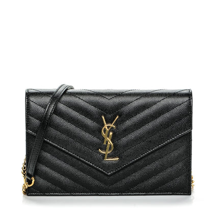 Saint Laurent Grain De Poudre Matelasse Chevron Monogram Envelope Chain Wallet Black 1 of 6