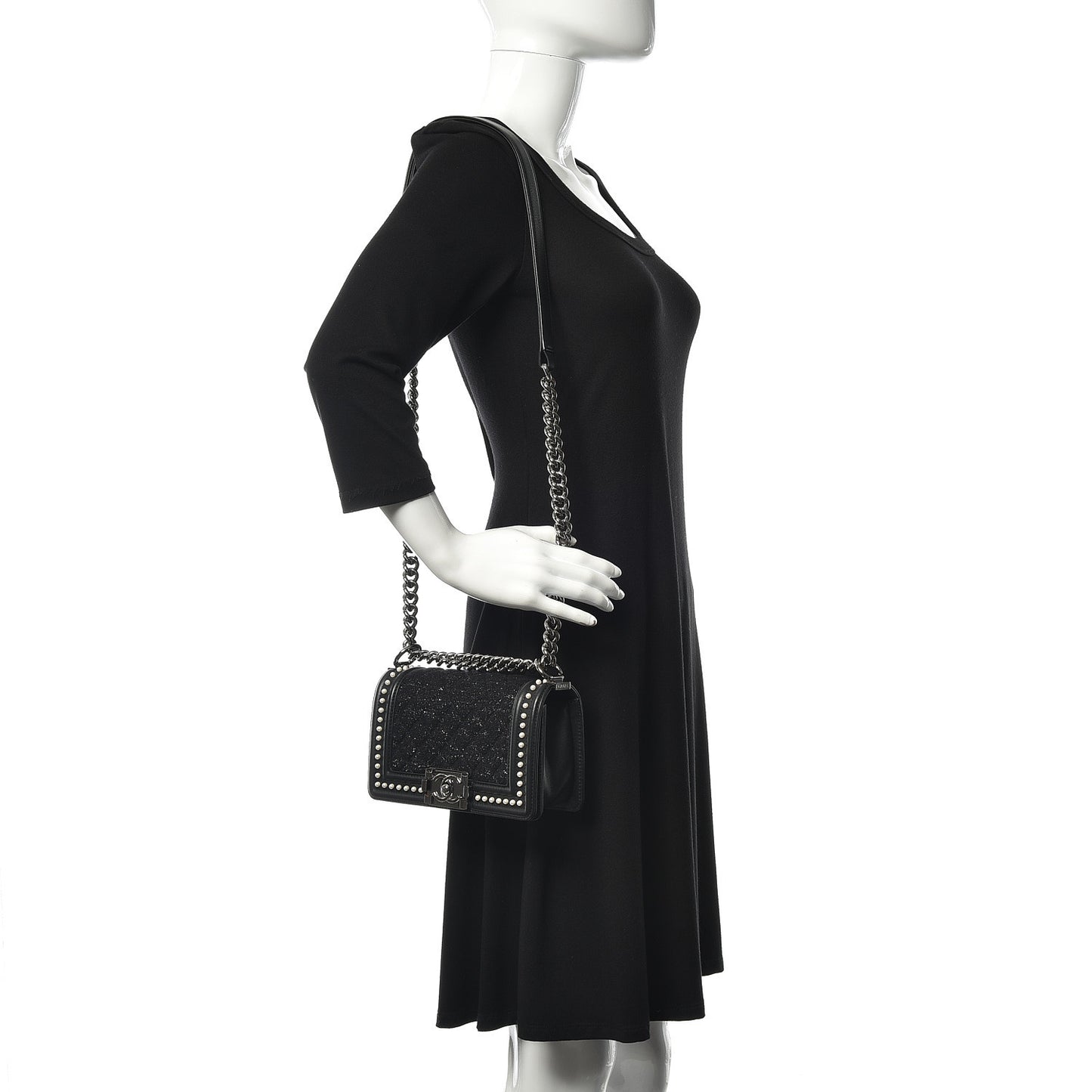 Calfskin Pearl Tweed Small Boy Flap Black
