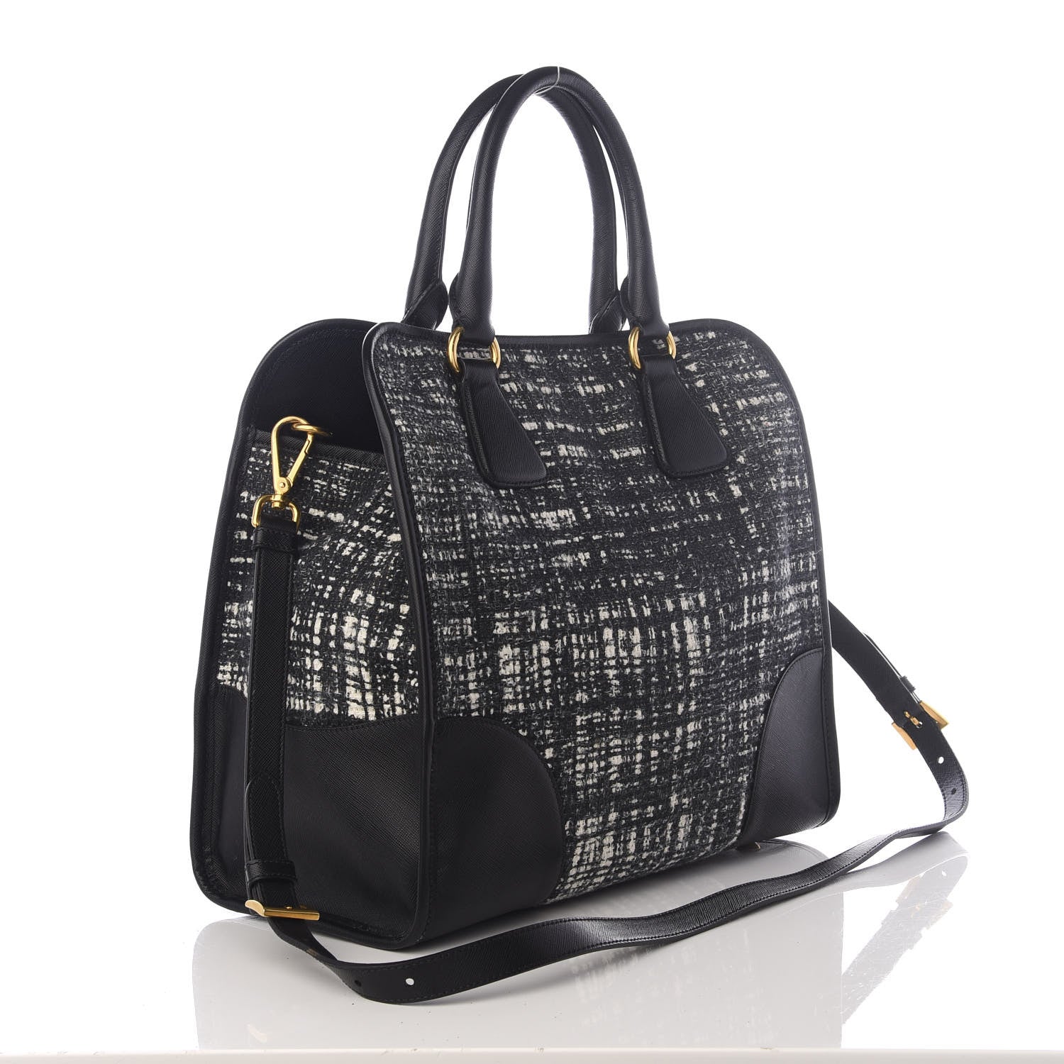 Prada Tela Tweed Saffiano Tote Bag Black 2 of 8