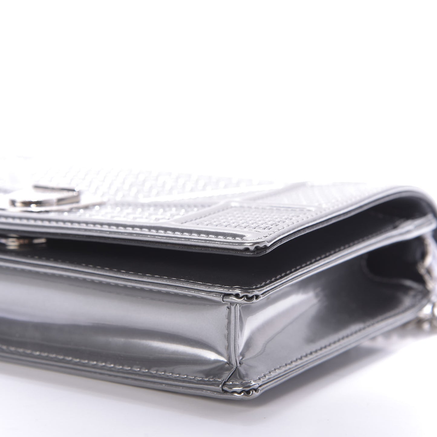 Metallic Patent Micro-Cannage Diorama Wallet on Chain Pouch Silver