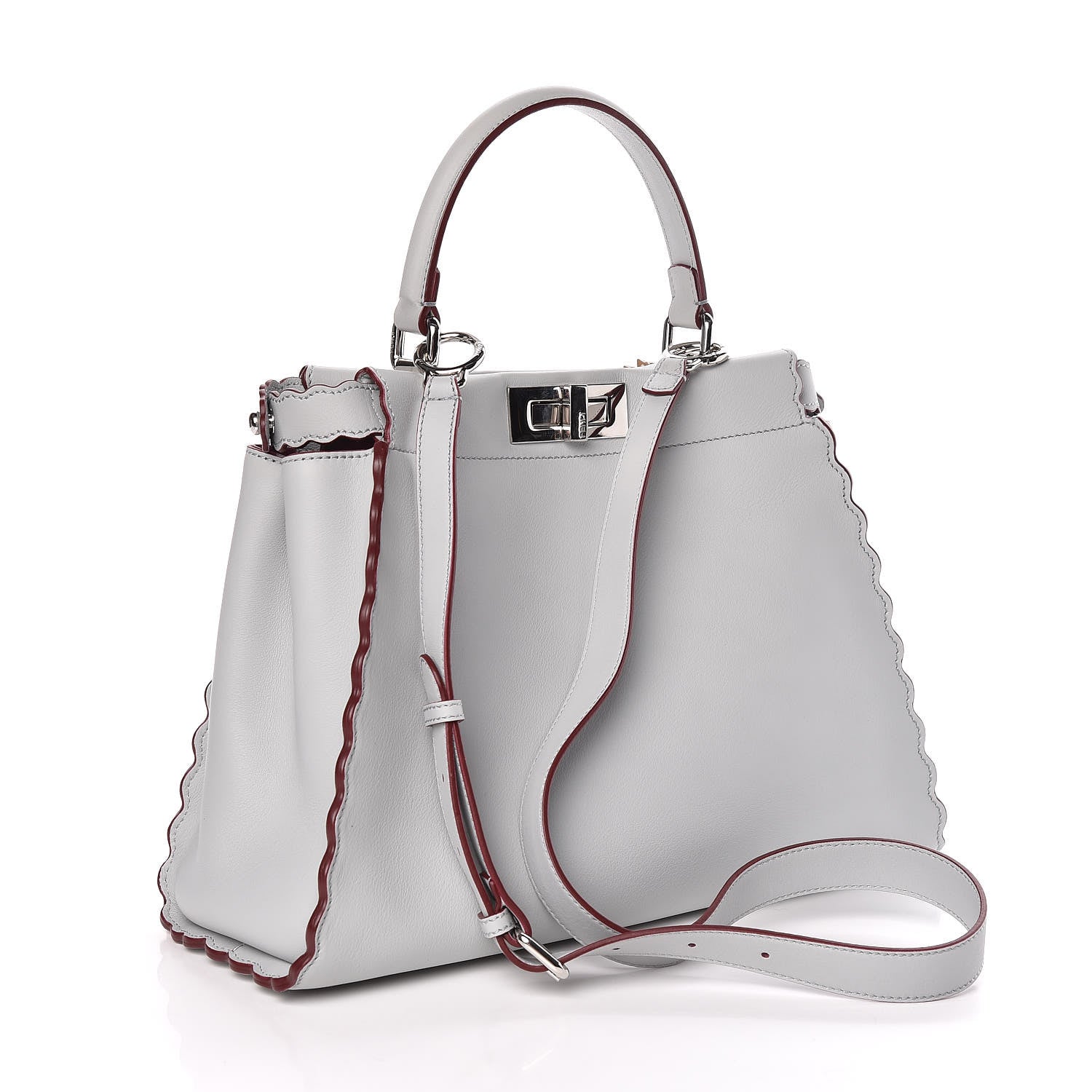 Fendi Vitello Seta Shiny Nappa Pearl Scalloped Studded Floral Embroidered Medium Peekaboo Iconic Satchel Grigio Perla Multicolor 3 of 10
