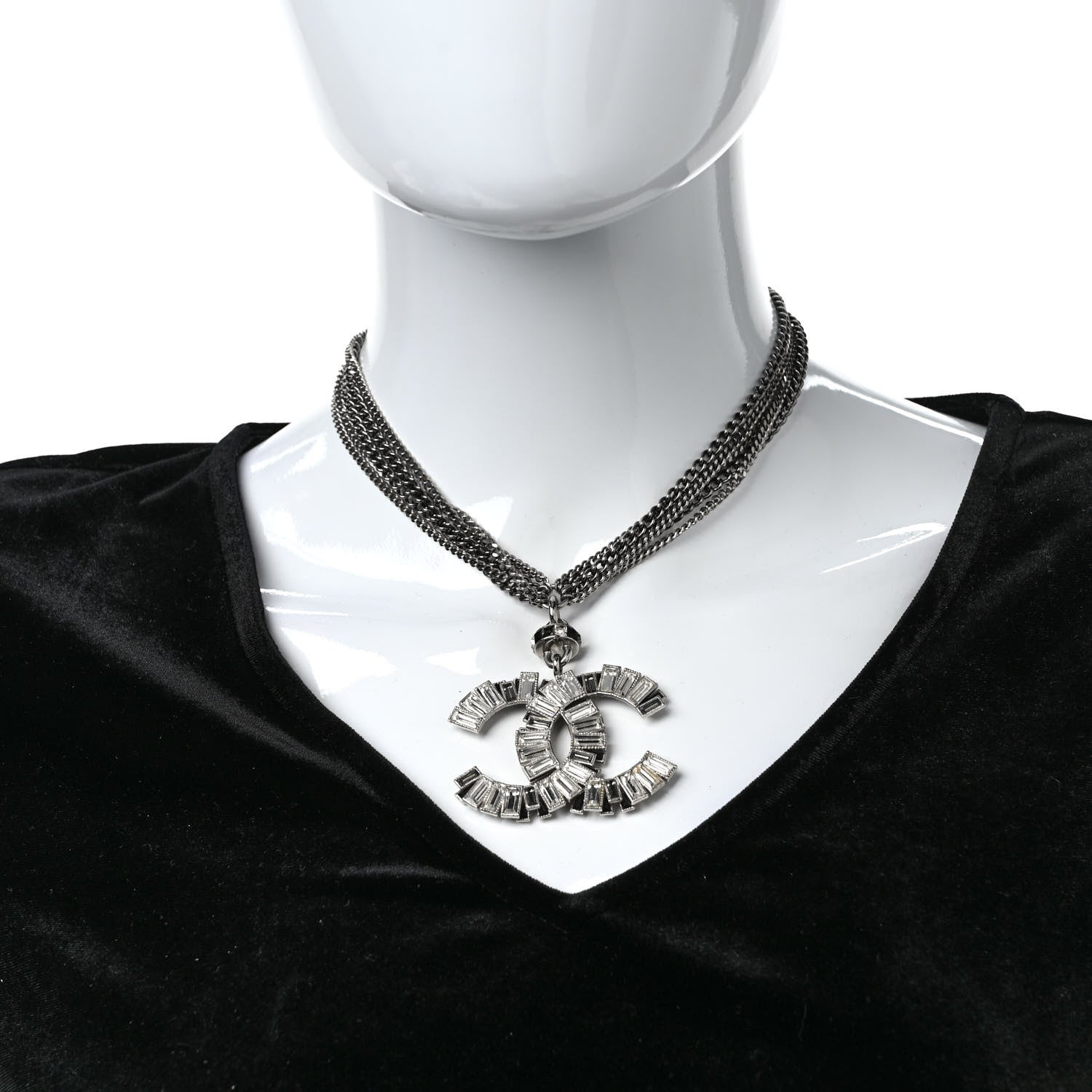 Chanel Baguette Crystal CC Multi Strand Pendant Necklace Silver 2 of 4