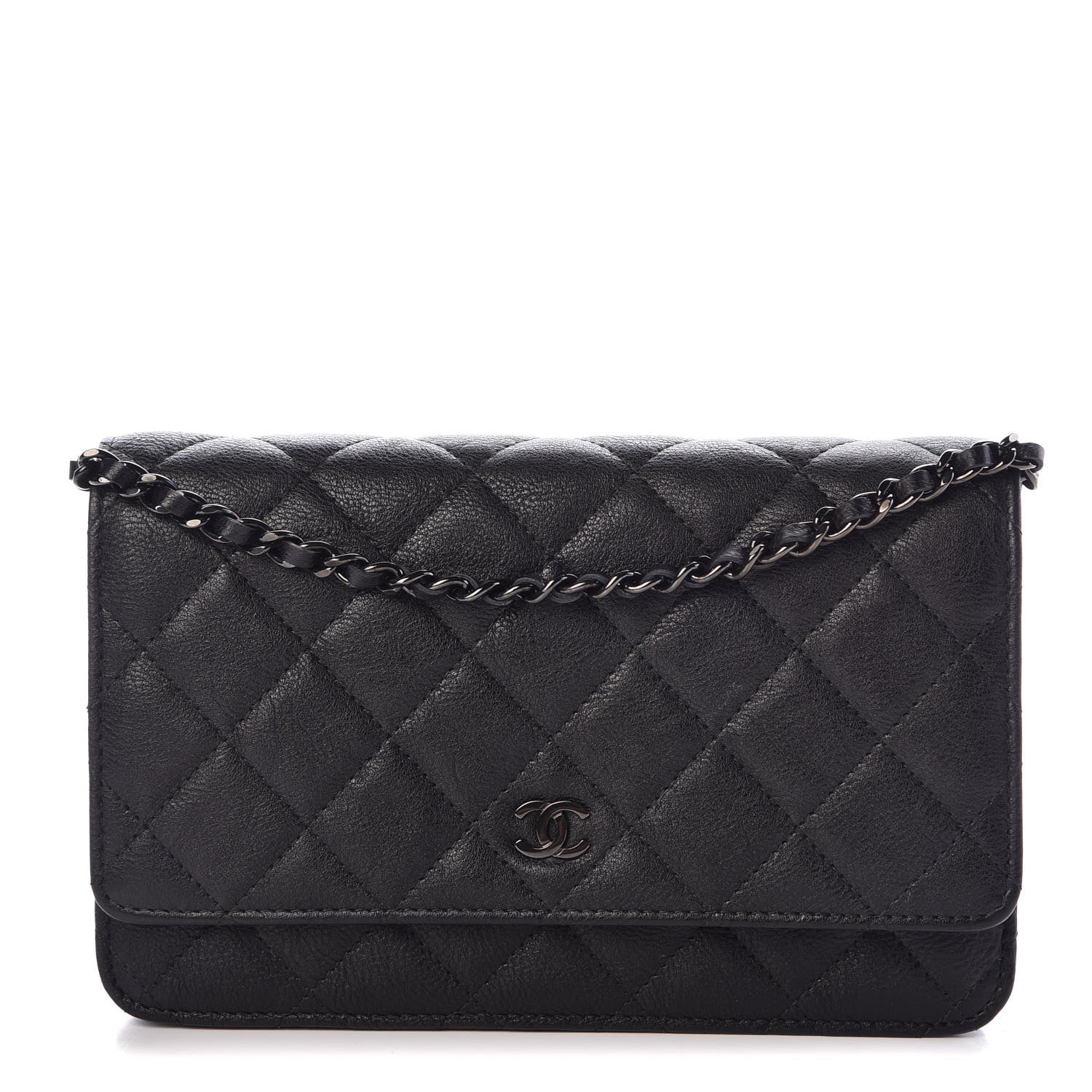 Chanel Crumpled Calfskin Quilted Wallet On Chain WOC So Black 1 of 9